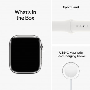 �����-���� Apple Watch Series 8 GPS + Cellular 45mm w/Silver Stainless Steel Case with White Sport Band - M/L (MNVW3) 7