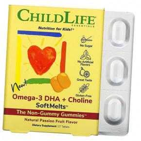 -3  +  SoftMelts,   , Omega-3 DHA + Choline SoftMelts, Natural Passion Fruit Flavor, ChildLife, 27 