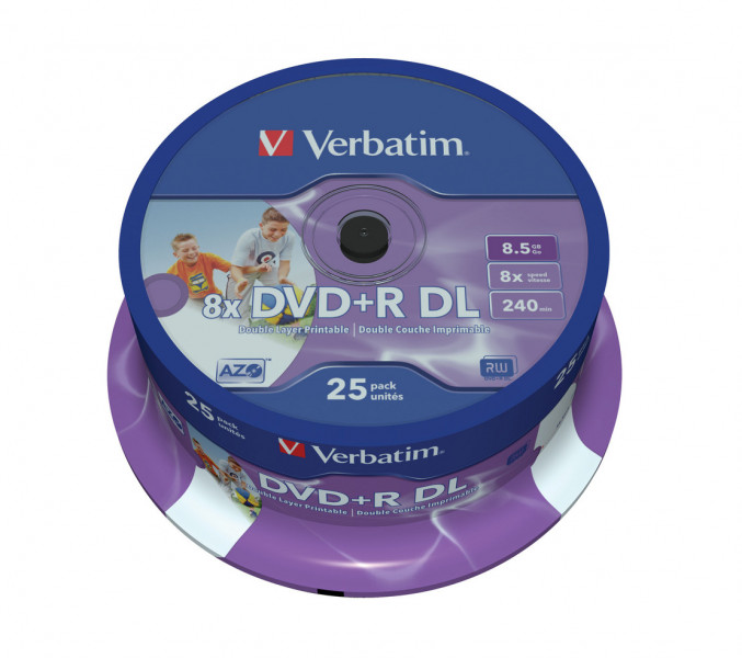  Verbatim DVD+R 8,5GB 8x Spindle Packaging Dual Layer Printable 25 (43667)