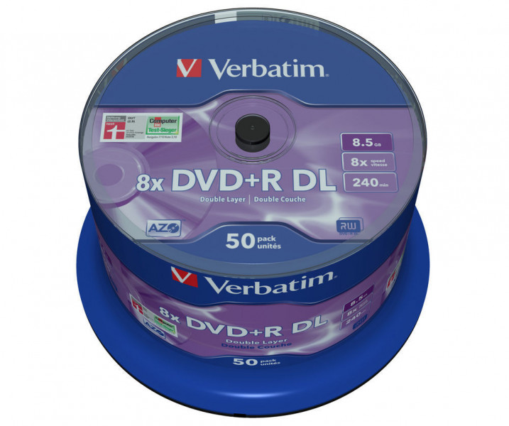  Verbatim DVD+R 8,5GB 8x Spindle Packaging Dual Layer 50 (43758)