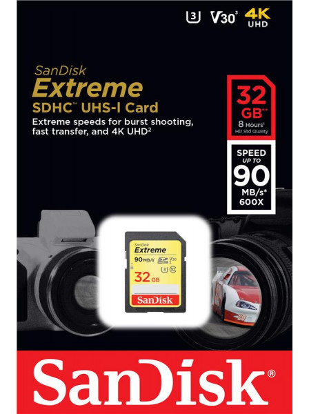   SanDisk 32GB SDHC UHS-I U3 R90/W40MB/s 4K Extreme (SDSDXVE-032G-GNCIN)