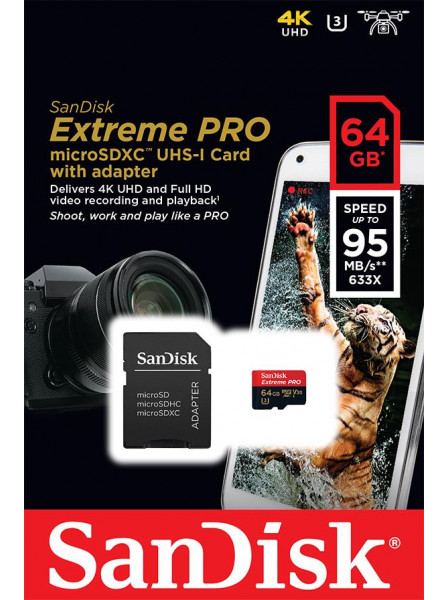   SanDisk 64GB microSDXC C10 UHS-I U3 R95/W90MB/s 4K Extreme Pro + SD (SDSQXXG-064G-GN6MA)