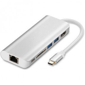  WIWU H1 Plus USB-C to USB-C+RJ45+HDMI+SD+3xUSB3.0 HUB Silver (6957815504596)