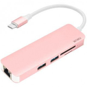  WIWU T4 USB-C to 2xUSB3.0+RJ45+SD+ HUB Rose Gold (96957815504831)