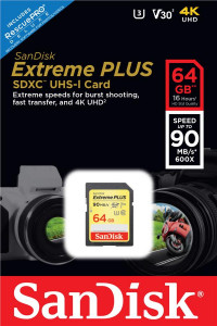   SanDisk 64GB SDXC V30 UHS-I U3 R90/W60MB/s 4K Extreme Plus (SDSDXWF-064G-GNCIN)