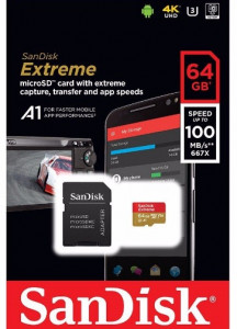   SanDisk 64GB microSDXC V30 A1 UHS-I U3 R100/W60MB/s 4K Extreme + SD (SDSQXAF-064G-GN6MA) 5