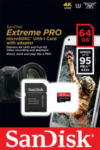   SanDisk 64GB microSDXC C10 UHS-I U3 R95/W90MB/s 4K Extreme Pro + SD (SDSQXXG-064G-GN6MA)